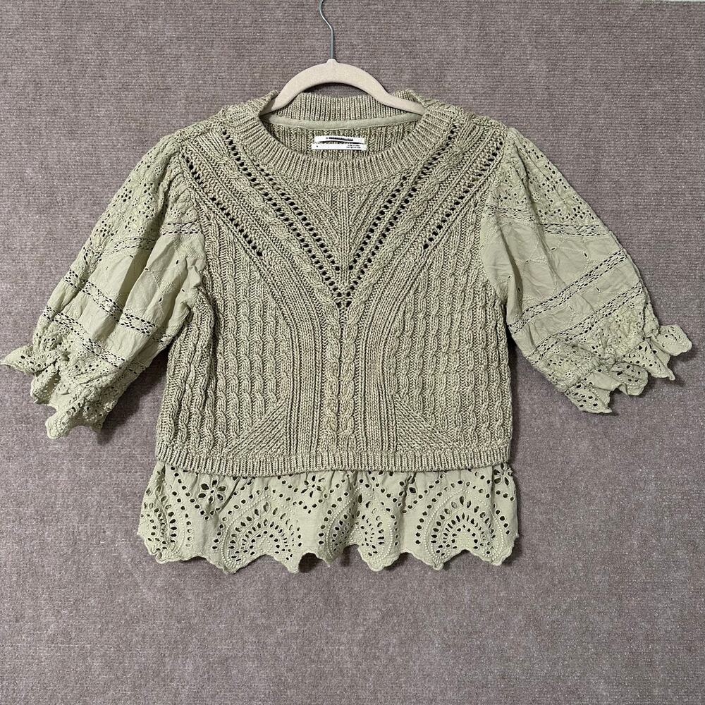 Anthropologie Sz Medium Short Ruffle Sleeve Lace Trim Peplum Sweater Cottagecore